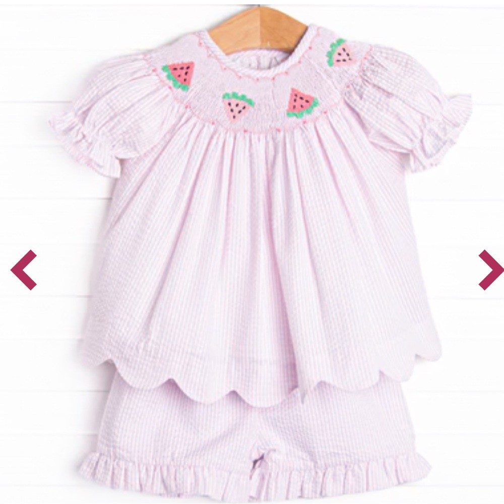 Stitchy Fish Pink Seersucker Smocked Watermelon Dress Set